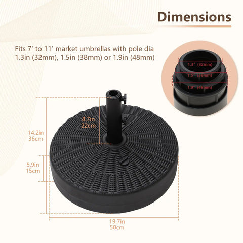 Heavy Duty Water Fillable Round Umbrella Base Weight Workhorse 88 Lb Stand For Patio Outdoor Market Table Umbrella, dimensions chart