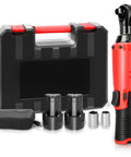 Cordless Ratchet Wrench Set 3 by 8 Inch 12V Max, 400RPM shown with charger, 1300mAh battery, 10mm and 12mm sockets and case.