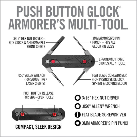 Top Shelf 4 In 1 Glock Armorer Multi Tool For Pistol Care With Magnetic Sight Driver And Pin Punch compact design with tools displayed.