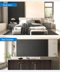 Hassle Free Peel And Stick Acoustic Wall Panels 10 Pack Sound Dampening Foam Tiles Noise Killing Room Decor Black 48X24 Inch Echo Reducer in a modern bedroom and bar counter.