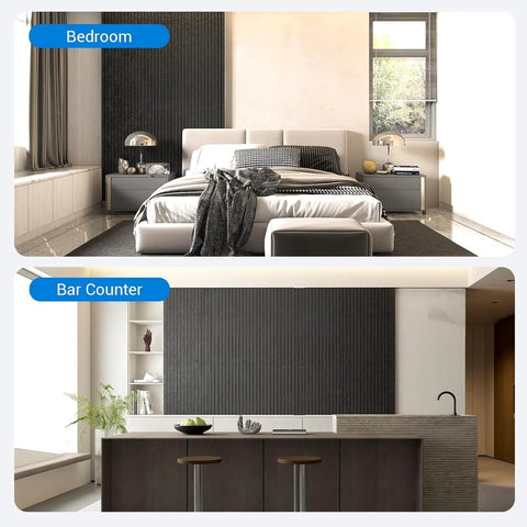Hassle Free Peel And Stick Acoustic Wall Panels 10 Pack Sound Dampening Foam Tiles Noise Killing Room Decor Black 48X24 Inch Echo Reducer in a modern bedroom and bar counter.