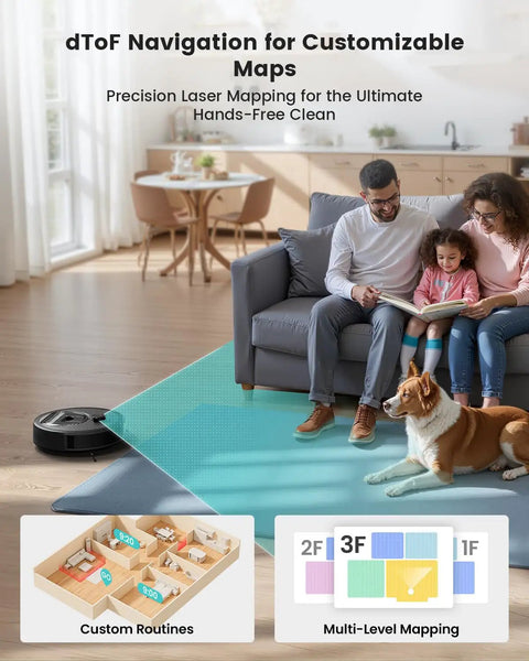Family in living room with LiDAR Robot Vacuum And Mop With Slick Smart Mapping, Obstacle Avoidance, Tangle Free Pet Hair Cleanup