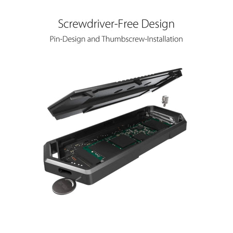 Strix Arion Aluminum M.2 NVMe External Enclosure For USB 3.2 Gen 2 Type-C 10Gbps open view showing pin-design and thumb screw