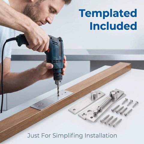 Man using a power drill to install Rock Solid Stainless Steel Hidden Door Hinges Heavy Duty Pivot Hardware.