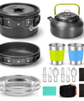 15 Piece All In One Camping Cookware Mess Kit With Nonstick Pots And Pans Kettle Stainless Steel Cups Plates And Utensils