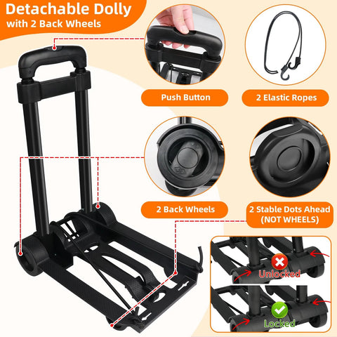 Detachable dolly with push button, elastic ropes, and two back wheels