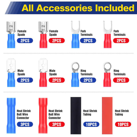 Accessory pack for 4 In 1 Wire Stripper And Crimping Pliers including spade terminals, ring terminals, and heat shrink tubing.