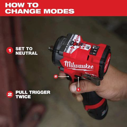 M12 FUEL Stubby 3/8 Inch Impact Wrench Bare Tool for High Torque and Tight Spaces, showing mode change instructions