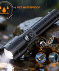 Beast Mode Bright 20000 Lumens Rechargeable LED Flashlight with USB-C, waterproof, resting on wet rock, LCD display visible.