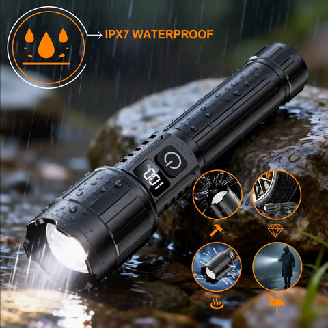 Beast Mode Bright 20000 Lumens Rechargeable LED Flashlight with USB-C, waterproof, resting on wet rock, LCD display visible.