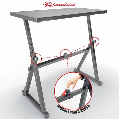 Two In One Adjustable Keyboard Stand And DJ Desk With Removable 36 Inch By 19.4 Inch Steel Tabletop, shown with spring loaded knobs.