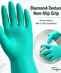 Badass Heavy Duty Nitrile Chemical Resistant Gloves Two Pair Medium Latex Free With Rock Solid Non Slip Grip And 15 Mil Thick Armor Against Oils Acids Or Serious Household Chores shown with diamond-textured grip.