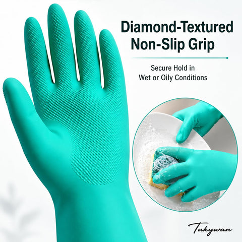 Badass Heavy Duty Nitrile Chemical Resistant Gloves Two Pair Medium Latex Free With Rock Solid Non Slip Grip And 15 Mil Thick Armor Against Oils Acids Or Serious Household Chores shown with diamond-textured grip.