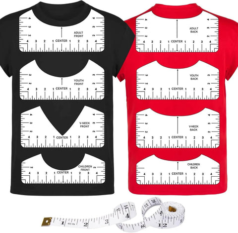 9 Piece T Shirt Alignment Ruler Set For Easy Centering Of Vinyl Designs On Heat Presses Includes Four Size PVC Rulers 10x5 10x4.5 10x3.5 10x2.5 And A 59 Inch Soft Measuring Tape Transparent Front And Back Measurement Guides For Kids Teens And Adults