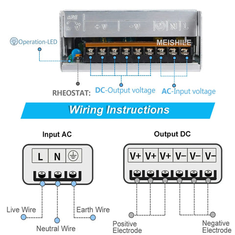 Wiring instructions for Beefy 24V 15A 360W DC Switching Power Supply SMPS with Universal 110V 220V Input for various electronics.
