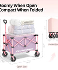 Lightweight Collapsible Wagon Cart for Grocery Camping and Sports with Easy Fold Design in pink and purple, open and folded sizes shown.