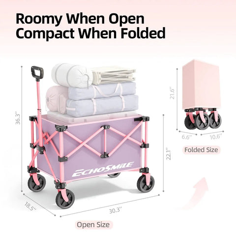 Lightweight Collapsible Wagon Cart for Grocery Camping and Sports with Easy Fold Design in pink and purple, open and folded sizes shown.