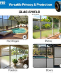 Super Tough Vinyl Mesh Roll Delivers Hella Private Screens For Pool Enclosures And Lanais shown in pool cages, patios, porches, and doors.