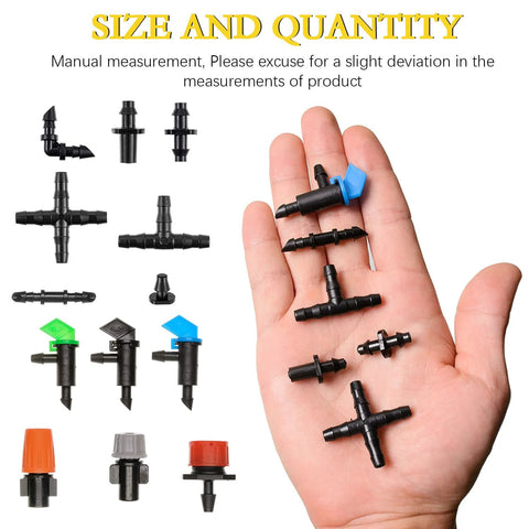 204-piece black barbed irrigation fittings kit for 1/4 inch tubing; includes tees, elbows, cross, and end plugs