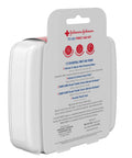 Side view of Grab And Go Mini First Aid Kit For Travel Emergency Wound Care With Adhesive Bandages Gauze Pads And Wipes For Purse Backpack Gym Bag Car Or Luggage 12 Count, showing the durable plastic case.