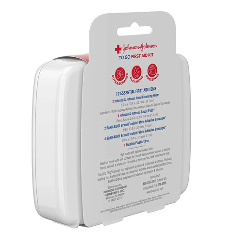Side view of Grab And Go Mini First Aid Kit For Travel Emergency Wound Care With Adhesive Bandages Gauze Pads And Wipes For Purse Backpack Gym Bag Car Or Luggage 12 Count, showing the durable plastic case.