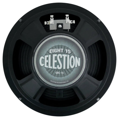 Eight 15 8 Ohm Guitar Speaker Upgrade for Compact Amps with 15 Watt ceramic magnet, top view of speaker cone with Celestion branding