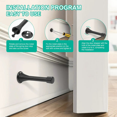 Installation steps for Heavy Duty Spring Door Stops 6 Pack Matte Black Wall Mount Blockers with cushioned rubber bumpers.