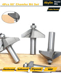 60 Degree Chamfer Router Bit Set With 1/2 Inch Shank, Includes 3/16, 5/8, 3/4 And 7/8 Inch Cutting Depths, Ball Bearing Horse Nose Edges