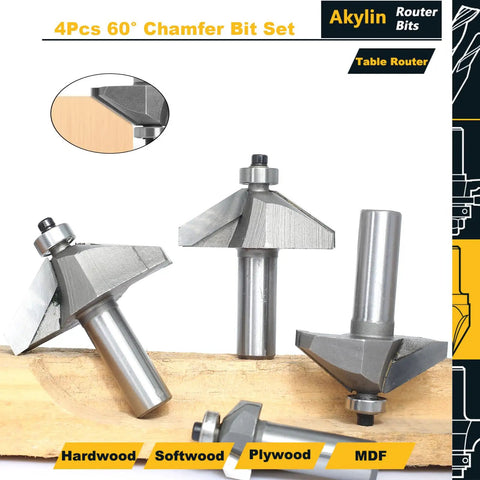 60 Degree Chamfer Router Bit Set With 1/2 Inch Shank, Includes 3/16, 5/8, 3/4 And 7/8 Inch Cutting Depths, Ball Bearing Horse Nose Edges