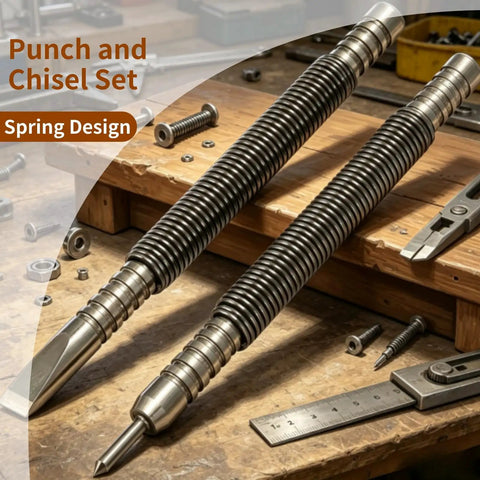 Hammerless Punch And Chisel Set With Spring Loaded Center Punch For No Hammer Needed Door Pin Removal In Tight Spaces, tools on table