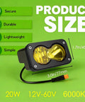 Ultra Bright 20W 6500K Baja Style LED Headlight Bar For Electric Bikes And ATVs, IP68 Waterproof, sized 3x1.7 inches