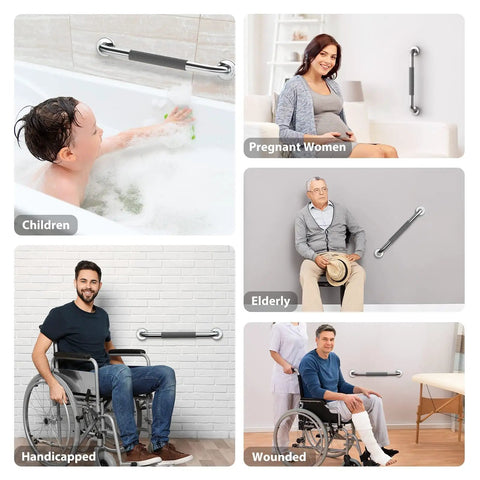 12 Inch Shower Grab Bars For Bathroom Safety, Anti Slip Stainless Steel Rails For Elderly Seniors Handicap And Pregnant Women, Rust Proof For 10 Years, Gray Finish, 1 Pack; various users shown using grab bars.