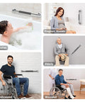 16 Inch Shower Grab Bars For Bathroom Safety With Anti Slip Handles For Elderly Seniors Handicap And Pregnant Women, gray bars in use by children, elderly, and wheelchair users.