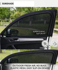 Custom Fit Car Window Sunshades For Tesla Cybertruck 2024 Plus 4 Piece Set shown in a slip-on design with elastic mesh for UV protection.