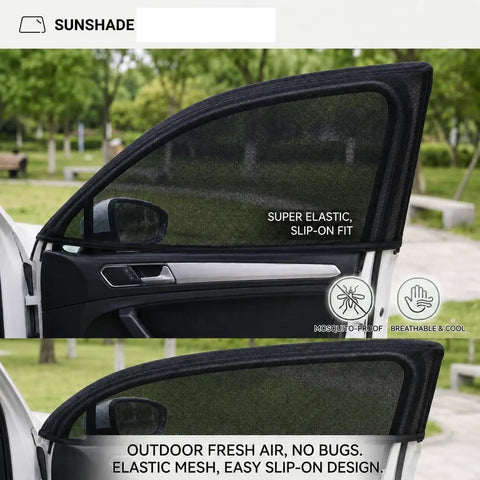 Custom Fit Car Window Sunshades For Tesla Cybertruck 2024 Plus 4 Piece Set shown in a slip-on design with elastic mesh for UV protection.