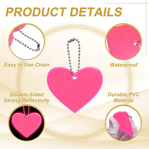Diagram of Go-To Pink Heart Shaped Reflector Keychain Set, 12 Pack Reflective Safety Tags With Chain For Keychains, Waterproof PVC