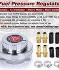 Manual Adjustable Fuel Pressure Regulator Kit With Chrome Silver Body And Gold Plated Fittings For Carburetor Systems, includes hose clamps and heat shrink sleeves.