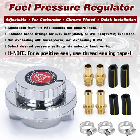 Manual Adjustable Fuel Pressure Regulator Kit With Chrome Silver Body And Gold Plated Fittings For Carburetor Systems, includes hose clamps and heat shrink sleeves.