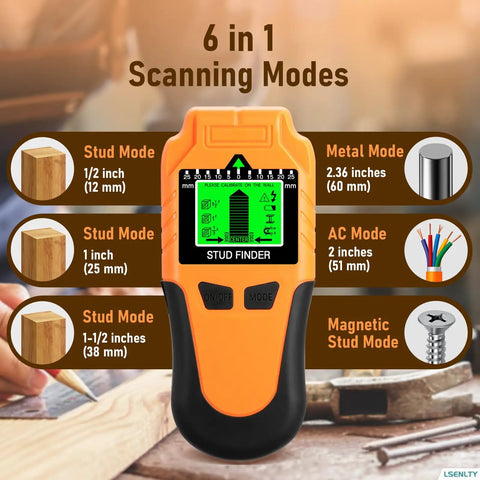 LSENLTY Stud Finder Wall Scanner showing 6-in-1 scanning modes for wooden and metal stud detection.