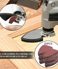 Image showing All In One Oscillating Tool Sanding Pads Kit with Triangle and Finger Pads used on wood surface.