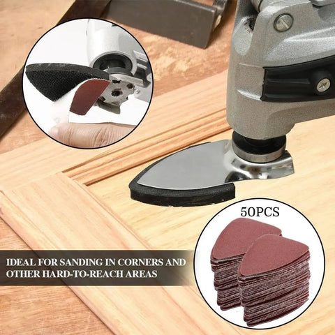 Image showing All In One Oscillating Tool Sanding Pads Kit with Triangle and Finger Pads used on wood surface.