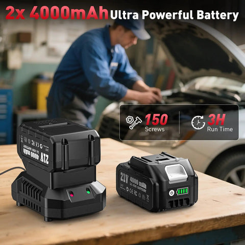 Two 4.0Ah batteries for Cordless Impact Wrench 650 Nm High Torque One Half Inch Drive shown charging in a workshop with mechanic.