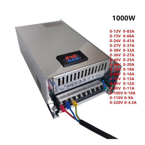 Top Notch Adjustable Industrial Power Supply 1000W versatile AC DC transformer with display, outputs, and connections.