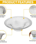 Close-up of Two Pack Kitchen And Bathroom Sink Drain Strainers Must Have Stainless Steel Hair Catcher for Kitchen and Bath Drains Stopper Drain Cover Durable Rustproof Strainer Basket Easy to Clean No Clog Protection showcasing product features with smooth edges, flat metal edges, filter holes, and liquid draining capability.