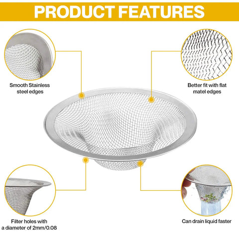 Close-up of Two Pack Kitchen And Bathroom Sink Drain Strainers Must Have Stainless Steel Hair Catcher for Kitchen and Bath Drains Stopper Drain Cover Durable Rustproof Strainer Basket Easy to Clean No Clog Protection showcasing product features with smooth edges, flat metal edges, filter holes, and liquid draining capability.