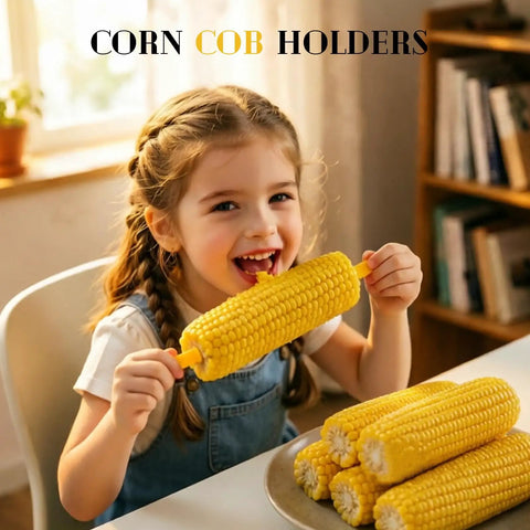 Child using Non Slip Stainless Steel Corn On The Cob Holders Set Of 20 3.54 Inch Prongs for Grillin and BBQ Cookouts.