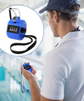 Set Of Five Legit Sturdy Handheld Tally Clicker Counters With Four Digit Dial And Slick Abs Body held by a coach in blue color.