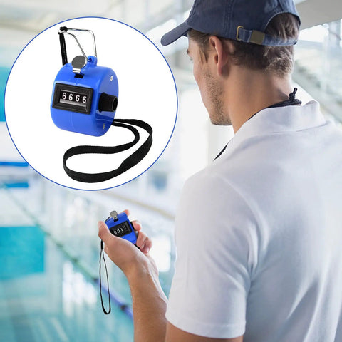 Set Of Five Legit Sturdy Handheld Tally Clicker Counters With Four Digit Dial And Slick Abs Body held by a coach in blue color.