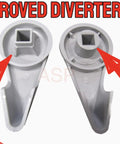 Comparison of old and reinforced connection in reinforced diverter handle knob for spa hot tub 4 inch long 2 inch wide gray.