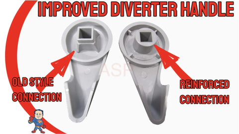Comparison of old and reinforced connection in reinforced diverter handle knob for spa hot tub 4 inch long 2 inch wide gray.